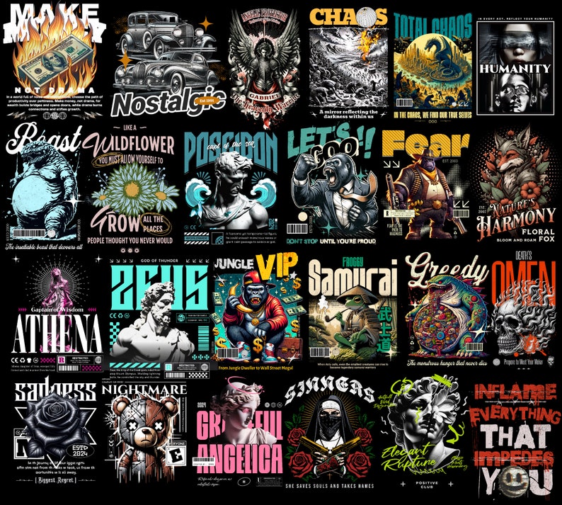 May include: A collage of 20 colorful graphic designs featuring various themes, including nature, animals, mythology, and abstract concepts. The designs are set against a black background and feature bold typography and vibrant colors.