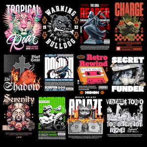 May include: A collage of graphic designs featuring various themes, including a tropical jungle scene with a leopard, a warning sign with a bulldog, a reaper figure, a charging bull, a scorpion, a cassette tape, a secret funder, a serenity scene with a woman, a gladiator, a cat on fire, and a cityscape. The designs are in a variety of styles, including vintage, grunge, and modern.