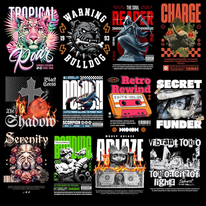 May include: A collage of graphic designs featuring various themes, including a tropical jungle scene with a leopard, a warning sign with a bulldog, a reaper figure, a charging bull, a scorpion, a cassette tape, a secret funder, a serenity scene with a woman, a gladiator, a cat on fire, and a cityscape. The designs are in a variety of styles, including vintage, grunge, and modern.