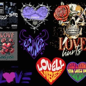 K&ouml;nnte beinhalten: Eine Sammlung von Grafikdesigns mit Herzen, Sch&auml;deln und Rosen. Die Designs beinhalten S&auml;tze wie "Self Love", "Love Hurts", "Lovely Vibes" und "Desire".