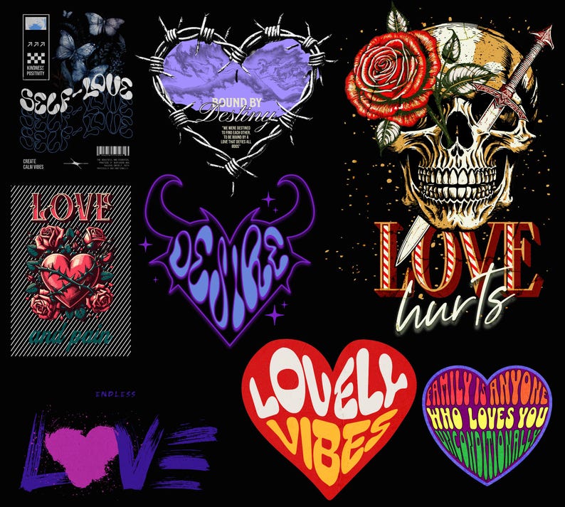 K&ouml;nnte beinhalten: Eine Sammlung von Grafikdesigns mit Herzen, Sch&auml;deln und Rosen. Die Designs beinhalten S&auml;tze wie "Self Love", "Love Hurts", "Lovely Vibes" und "Desire".