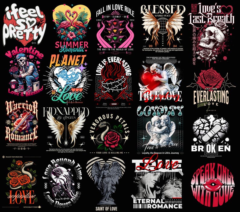 K&ouml;nnte beinhalten: Eine Collage aus 16 verschiedenen Grafikdesigns mit verschiedenen Themen rund um Liebe, Romantik und Herzschmerz. Die Designs beinhalten Herzen, Rosen, Engel, Sch&auml;del und andere Bildmotive. Der Text in den Designs enth&auml;lt S&auml;tze wie "Liebe ist ewig", "Wahre Liebe", "Zerbrochen" und "Sprich nur mit Liebe".