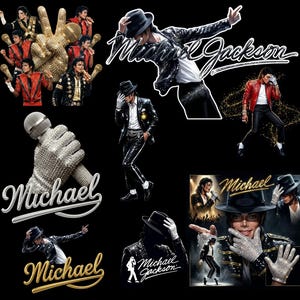 Puede incluir: Un collage de im&aacute;genes con Michael Jackson. Las im&aacute;genes incluyen ilustraciones de Jackson en varias poses ic&oacute;nicas, con una chaqueta negra con lentejuelas, una chaqueta de cuero roja y un sombrero fedora. Algunas im&aacute;genes incluyen el nombre "Michael" en una fuente estilizada.