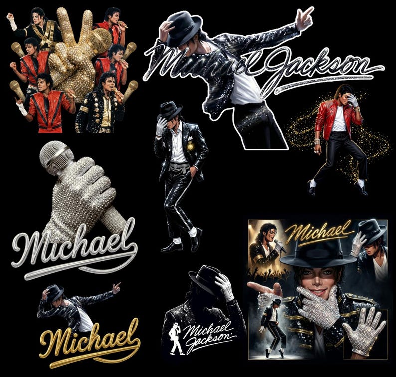 Puede incluir: Un collage de im&aacute;genes con Michael Jackson. Las im&aacute;genes incluyen ilustraciones de Jackson en varias poses ic&oacute;nicas, con una chaqueta negra con lentejuelas, una chaqueta de cuero roja y un sombrero fedora. Algunas im&aacute;genes incluyen el nombre "Michael" en una fuente estilizada.