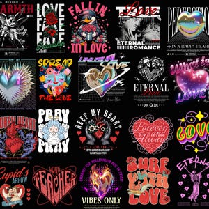 K&ouml;nnte beinhalten: Eine Collage aus 16 farbenfrohen Grafikdesigns mit Herzen, Text und Illustrationen. Die Designs beinhalten S&auml;tze wie "Liebe ist Liebe", "Ewige Liebe", "Verbreite die Liebe" und "Bewahre mein Herz".