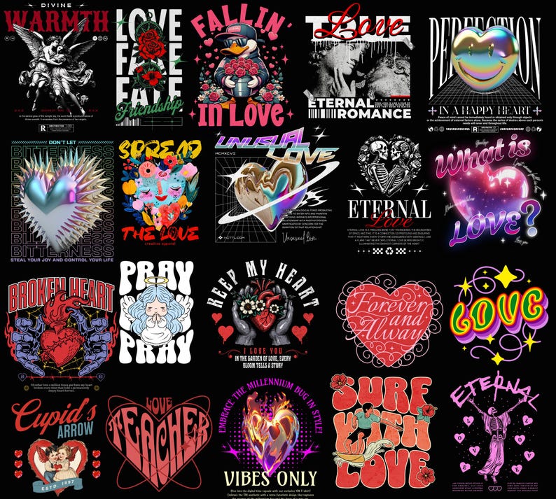 K&ouml;nnte beinhalten: Eine Collage aus 16 farbenfrohen Grafikdesigns mit Herzen, Text und Illustrationen. Die Designs beinhalten S&auml;tze wie "Liebe ist Liebe", "Ewige Liebe", "Verbreite die Liebe" und "Bewahre mein Herz".