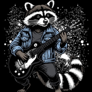 Könnte beinhalten: Ein Waschbär in einer blauen Jeansjacke und schwarzen Hosen spielt eine elektrische Gitarre. Der Waschbär hat einen schwarz-weiß gestreiften Schwanz. Der Hintergrund ist schwarz mit weißen Spritzern.