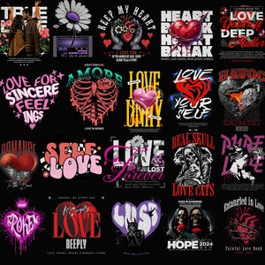 K&ouml;nnte beinhalten: Eine Collage aus 12 Grafikdesigns mit verschiedenen Motiven zum Thema Liebe und Text. Die Designs beinhalten Herzen, Sch&auml;del, Blumen und Typografie. Die Farben sind lebendig und kr&auml;ftig, mit einer Mischung aus Rosa, Rot, Schwarz und Wei&szlig;.