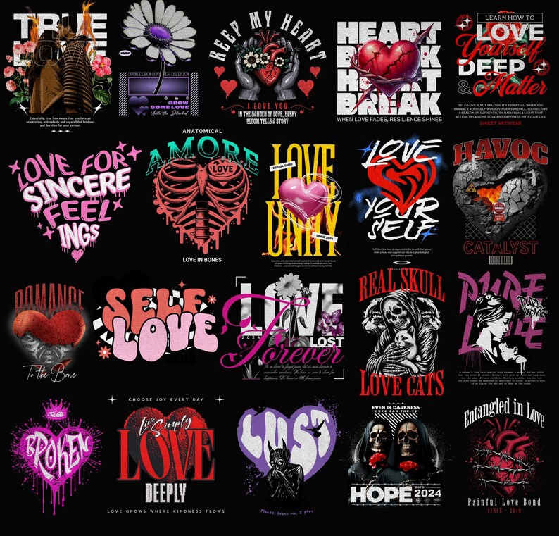 K&ouml;nnte beinhalten: Eine Collage aus 12 Grafikdesigns mit verschiedenen Motiven zum Thema Liebe und Text. Die Designs beinhalten Herzen, Sch&auml;del, Blumen und Typografie. Die Farben sind lebendig und kr&auml;ftig, mit einer Mischung aus Rosa, Rot, Schwarz und Wei&szlig;.