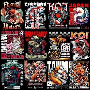 Puede incluir: Un collage de nueve diseños gráficos coloridos con peces koi, un gato, un casco militar y un monstruo. Los diseños están sobre un fondo negro e incluyen texto japonés.