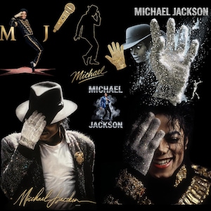 Puede incluir: Un collage con im&aacute;genes de Michael Jackson sobre un fondo negro. Incluye una silueta, un guante dorado, un sombrero fedora y las palabras "Michael Jackson" en varias fuentes. La imagen evoca una sensaci&oacute;n de m&uacute;sica y entretenimiento.