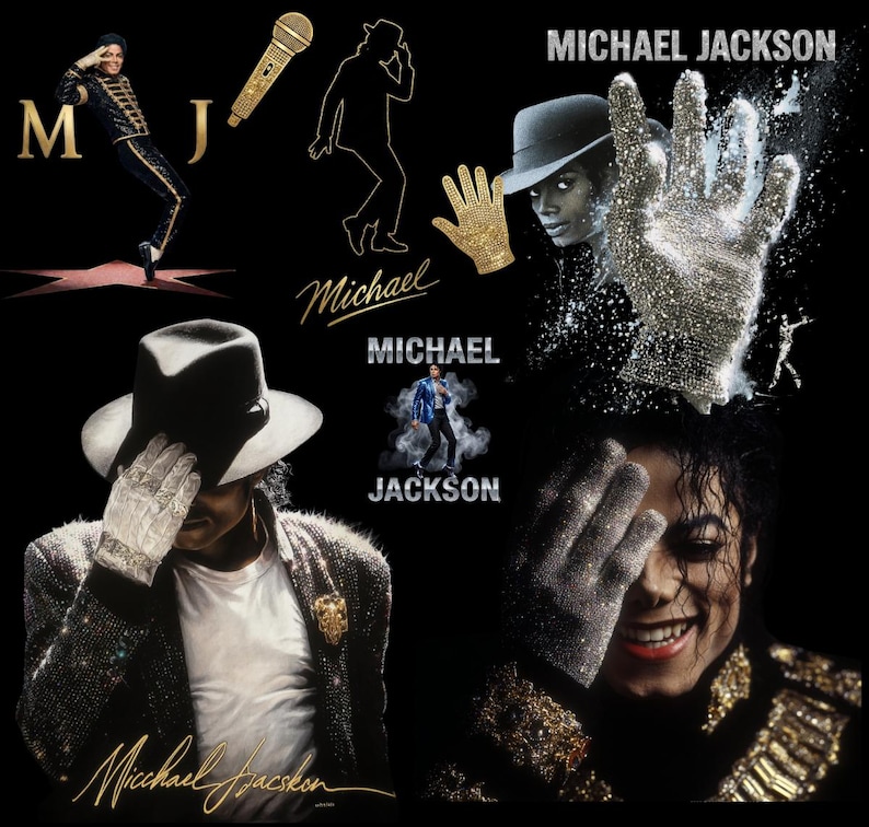 Puede incluir: Un collage con im&aacute;genes de Michael Jackson sobre un fondo negro. Incluye una silueta, un guante dorado, un sombrero fedora y las palabras "Michael Jackson" en varias fuentes. La imagen evoca una sensaci&oacute;n de m&uacute;sica y entretenimiento.