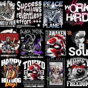 May include: A collage of graphic designs featuring various themes, including skull riders, success, peace, work hard, blessings, black metal, awaken, soul, happy hot dog day, Tokyo, love story, and money equals freedom. The designs are in a variety of styles, including grunge, vintage, and modern.
