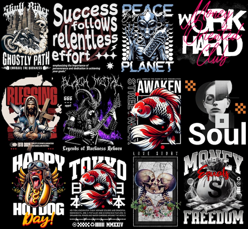 May include: A collage of graphic designs featuring various themes, including skull riders, success, peace, work hard, blessings, black metal, awaken, soul, happy hot dog day, Tokyo, love story, and money equals freedom. The designs are in a variety of styles, including grunge, vintage, and modern.