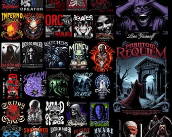 Può includere: Un collage di 25 grafiche con teschi, scheletri e altre immagini dark. I design sono in vari stili, tra cui gotico, horror e fantasy. Alcune delle grafiche includono testo, come "World Ruler", "Reaper" e "Phantom Requiem".