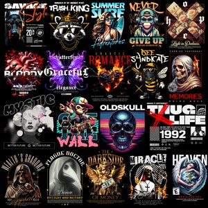 May include: A collection of 16 colorful graphic designs featuring various themes, including skulls, animals, and text. The designs are set against a black background and feature bold colors and typography.