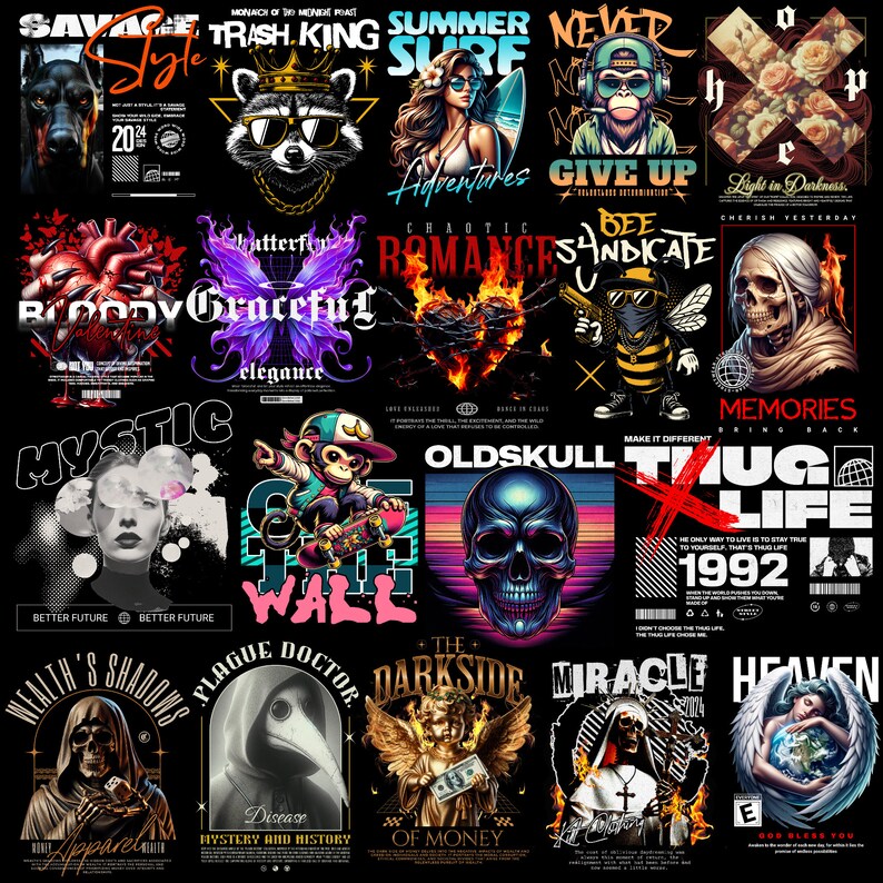 May include: A collection of 16 colorful graphic designs featuring various themes, including skulls, animals, and text. The designs are set against a black background and feature bold colors and typography.