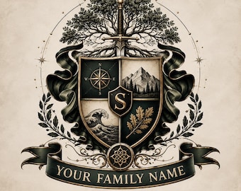 Custom Family Crest Template | Personalized Coat of Arms | Heraldic Shield with Royal Crown & Tigers | Luxury Family Crest Design |