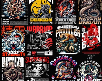 Pode incluir: Uma colagem de 10 designs gráficos diferentes com dragões, tigres e outras criaturas míticas. Os designs são de vários estilos, incluindo japonês tradicional, moderno e de desenho animado. Os designs são todos em preto e branco, com alguns que apresentam acentos vermelhos, azuis e amarelos. Os designs estão todos sobre um fundo preto.