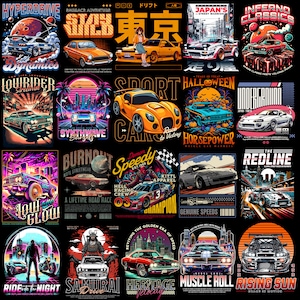 Pacote com mais de 260 designs de camisetas de carros PNG: gráficos premium de carros de streetwear para roupas e acessórios