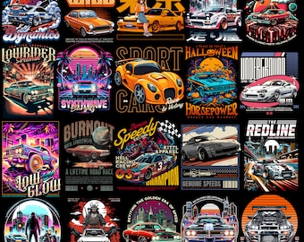 May include: A collage of 20 colorful illustrations featuring vintage cars, motorcycles, and other automotive-themed designs. The illustrations are set against a black background and feature various text elements, including "Hyperdrive", "Low Rider", "Sport Cars", "Samurai Drive", and "Muscle Roll".