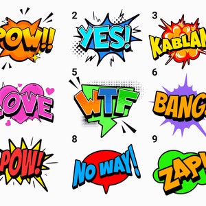 Może przedstawiać: Dziewięć komiksowych dymków z napisami takimi jak "POW!", "YES!", "KABLAM!", "LOVE", "WTF", "BANG!", "NO WAY!" i "ZAP!". Każdy dymek ma unikalny design i schemat kolorów, z pogrubionym tekstem i dynamicznymi kształtami.