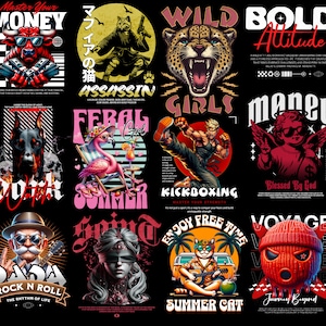 May include: A collage of ten different graphic designs for t-shirts. The designs feature a variety of themes, including animals, money, and summer. The designs are all in a bold, colorful style.
