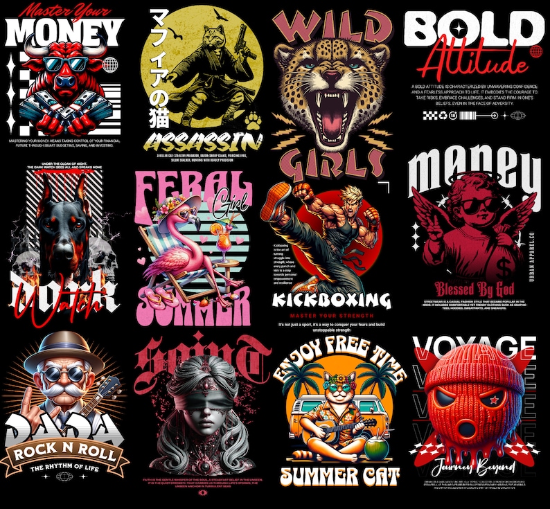 May include: A collage of ten different graphic designs for t-shirts. The designs feature a variety of themes, including animals, money, and summer. The designs are all in a bold, colorful style.
