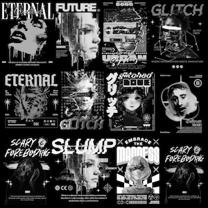 May include: Black and white graphic design collage with text that reads "Eternal", "Future", "Glitch", "Slump", "Embrace the Madness", "Scary Foreboding", "City Silent Song", "Glitched Love", "Suffer Brain", "Limited Circumstances", and "Eufocate".