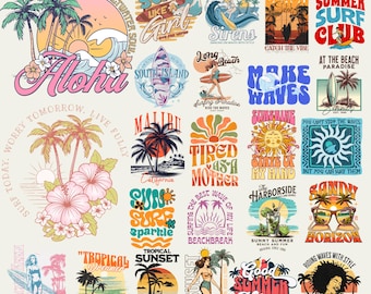 May include: A collection of colorful, illustrated designs featuring beach and surf themes. The designs include phrases like "Aloha", "Surf Like a Girl", "Make Waves", "Tired as a Mother", "Sunshine State of Mind", "Tropical Sunset", "Good Summer Vibes", and "Beachy Queen".