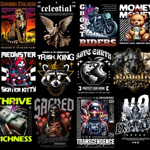 May include: A collage of 10 different graphic designs featuring various themes, including animals, nature, and abstract concepts. The designs are colorful and bold, with a mix of realistic and stylized imagery. Some of the designs include text, such as "Save Earth", "Trash King", and "Ghost Riders".