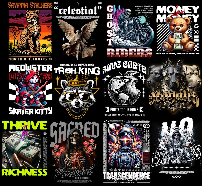 May include: A collage of 10 different graphic designs featuring various themes, including animals, nature, and abstract concepts. The designs are colorful and bold, with a mix of realistic and stylized imagery. Some of the designs include text, such as "Save Earth", "Trash King", and "Ghost Riders".