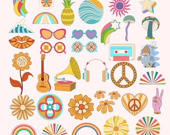 Retro Hippie Clipart, Groovy SVG and PNG Files (Digital Download)