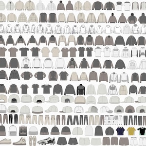 May include: A wide selection of clothing items, featuring jackets, hoodies, t-shirts, trousers, hats and shoes. The items are displayed in rows and columns, showcasing a variety of colours and styles.