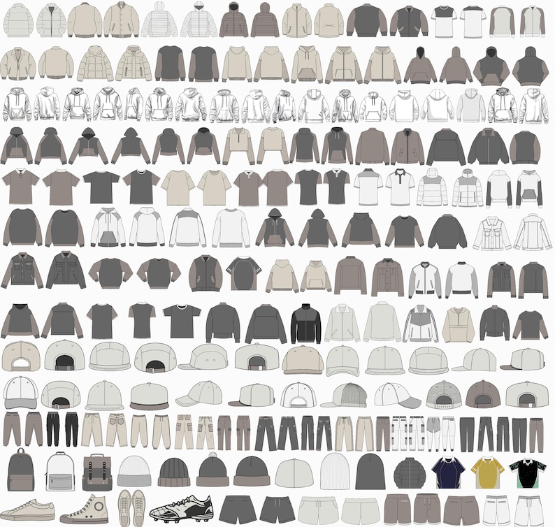 May include: A wide selection of clothing items, featuring jackets, hoodies, t-shirts, trousers, hats and shoes. The items are displayed in rows and columns, showcasing a variety of colours and styles.