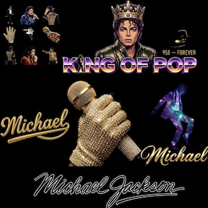 Puede incluir: Dise&ntilde;o de arte digital con Michael Jackson, el Rey del Pop, con un guante dorado sosteniendo un micr&oacute;fono. La imagen incluye el texto "King of Pop" y varias ilustraciones de Jackson en actuaci&oacute;n.