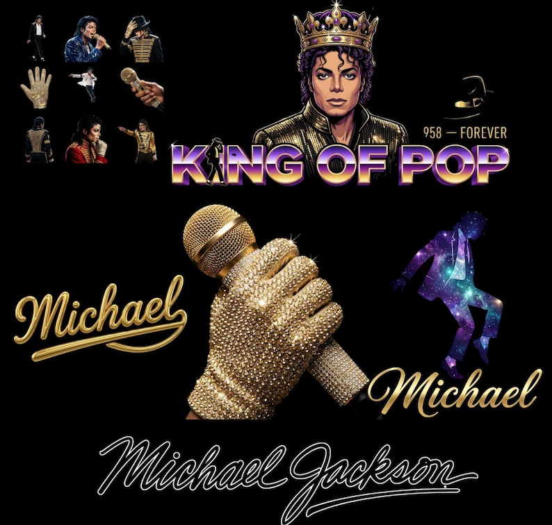 Puede incluir: Dise&ntilde;o de arte digital con Michael Jackson, el Rey del Pop, con un guante dorado sosteniendo un micr&oacute;fono. La imagen incluye el texto "King of Pop" y varias ilustraciones de Jackson en actuaci&oacute;n.