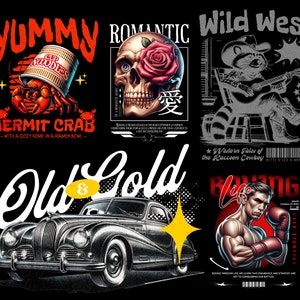May include: A collage of five different graphic designs. The top left design features a red crab holding a red and white ramen cup with the text "YUMMY" and "HERMIT CRAB". The top middle design features a skull with a red rose in its eye socket and the text "ROMANTIC". The top right design features a raccoon wearing a cowboy hat and playing a guitar with the text "Wild West". The bottom left design features a black vintage car with the text "Old & Gold". The bottom right design features a boxer with the text "Boxing Life" and "Western Tales of the Raccoon Cowboy".