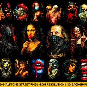 May include: A series of pop art portraits in a street art style. The images depict figures wearing masks, bandanas, and other accessories, with vibrant colours and graphic elements. The text at the bottom reads "120+ HALFTONE STREET PNG | HIGH RESOLUTION | NO BACKGROUND".