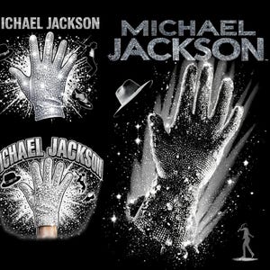 Puede incluir: Fondo negro con m&uacute;ltiples im&aacute;genes de un guante blanco brillante, un sombrero fedora y el nombre "MICHAEL JACKSON" en plata. Una imagen muestra una silueta de una persona bailando.