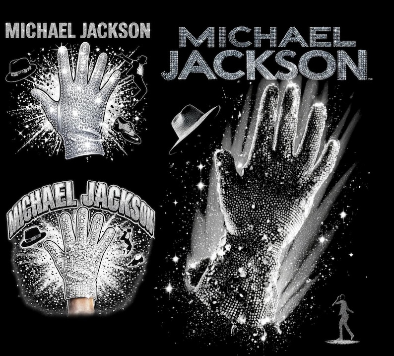 Puede incluir: Fondo negro con m&uacute;ltiples im&aacute;genes de un guante blanco brillante, un sombrero fedora y el nombre "MICHAEL JACKSON" en plata. Una imagen muestra una silueta de una persona bailando.