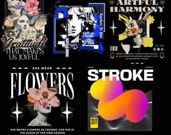 Floral Streetwear T-Shirt Designs: Urban, Biker, Flora (PNG Digital Download)