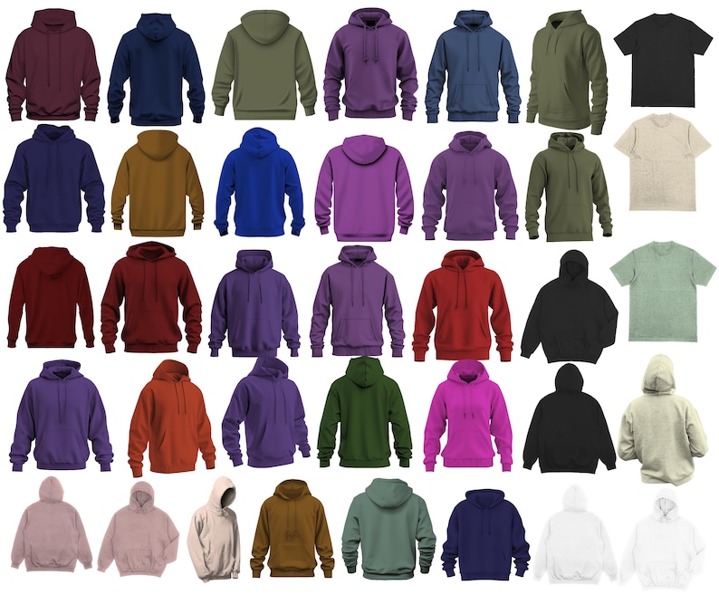 May include: A collection of 40 hooded sweatshirts in a variety of colours, including black, white, red, blue, green, purple, and brown. The sweatshirts are all made from a soft, comfortable fabric and feature a classic hoodie design.