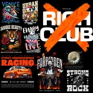 May include: A collage of graphic designs featuring various themes, including street racing, a tiger, a rabbit, a skull, and a flower. The designs are set against a black background with a large orange X over the words "Rich Club".