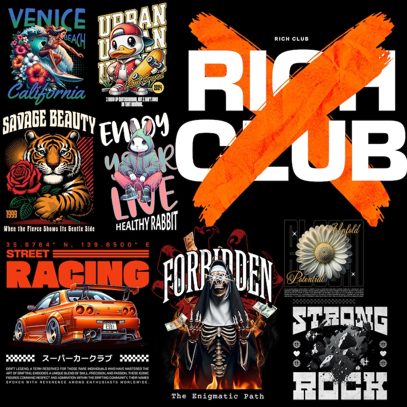 May include: A collage of graphic designs featuring various themes, including street racing, a tiger, a rabbit, a skull, and a flower. The designs are set against a black background with a large orange X over the words "Rich Club".