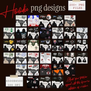 Puede incluir: Una colección de más de 200 diseños de sudaderas con capucha con varios estampados gráficos y texto. Los diseños incluyen calaveras, alas, ojos y otros patrones abstractos. El texto incluye frases como "Streetwear Hoodie", "Terror", "Basic" y "Money Doesn't Rule".