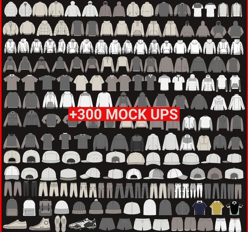 May include: A collection of over 300 clothing mockups, featuring various styles of shirts, hoodies, jackets, trousers, and hats. The mockups are arranged in rows and columns, with each mockup showcasing a different design or colour.