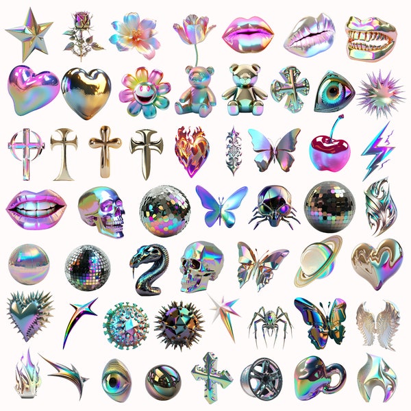 Holographic Y2K Digital png,+ 140, Iridescent Dots, Hologram texture. Skull, Hearts, flowers, neon color design