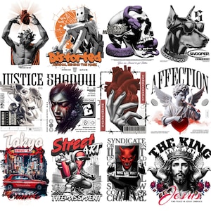 Könnte beinhalten: Eine Collage aus 10 verschiedenen Grafikdesigns mit verschiedenen Themen, darunter Gerechtigkeit, Schatten, Zuneigung, Street Art und der König. Die Designs sind farbenfroh und zeigen eine Vielzahl von Bildern, darunter Engel, Herzen, Schädel und Comicfiguren.