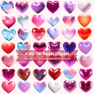 Könnte beinhalten: Eine Sammlung von 40 3D-Herz-Clipart-Bildern. Die Herzen sind in verschiedenen Farben, darunter Rot, Rosa, Lila, Blau und Weiß. Sie haben eine glänzende Oberfläche und scheinen aus Glas oder Kunststoff zu sein. Der Text "+ 40 3D heart Clipart Heart Y2K element with chrome" wird am unteren Rand des Bildes angezeigt.